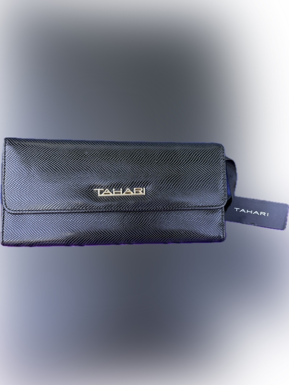 *NWT* Tahari Black Saffiano Faux Leather Trifold Flap Clutch Long Wallet